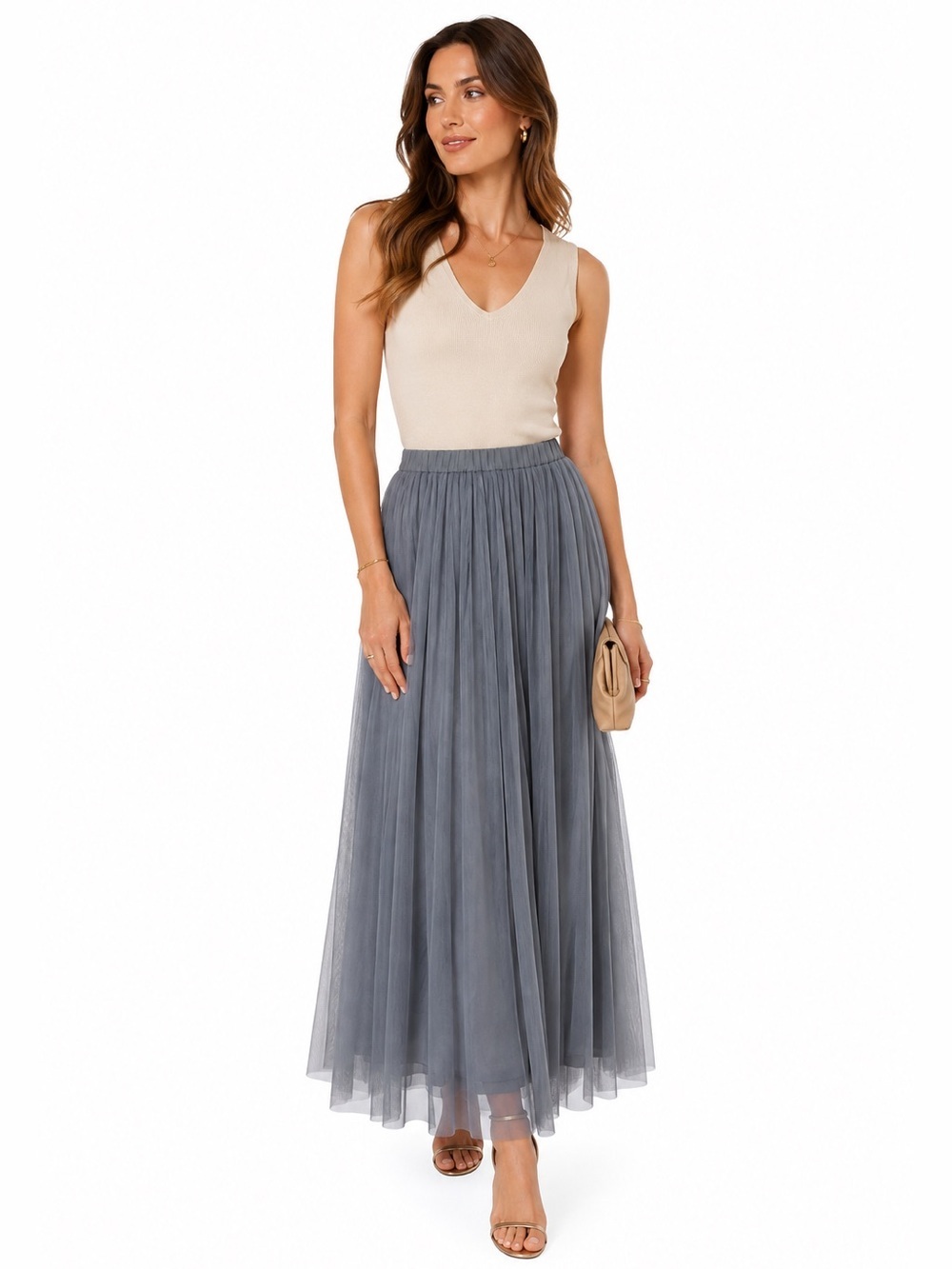 Apart by Lowrys Pleated Tulle Maxi Skirt S Grey